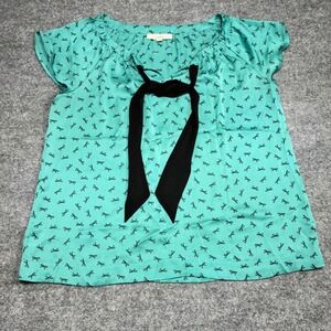 LOFT Blouse Womens Teal Bow Print Short Sleeve‎ Top Size L with Black Tie Neck